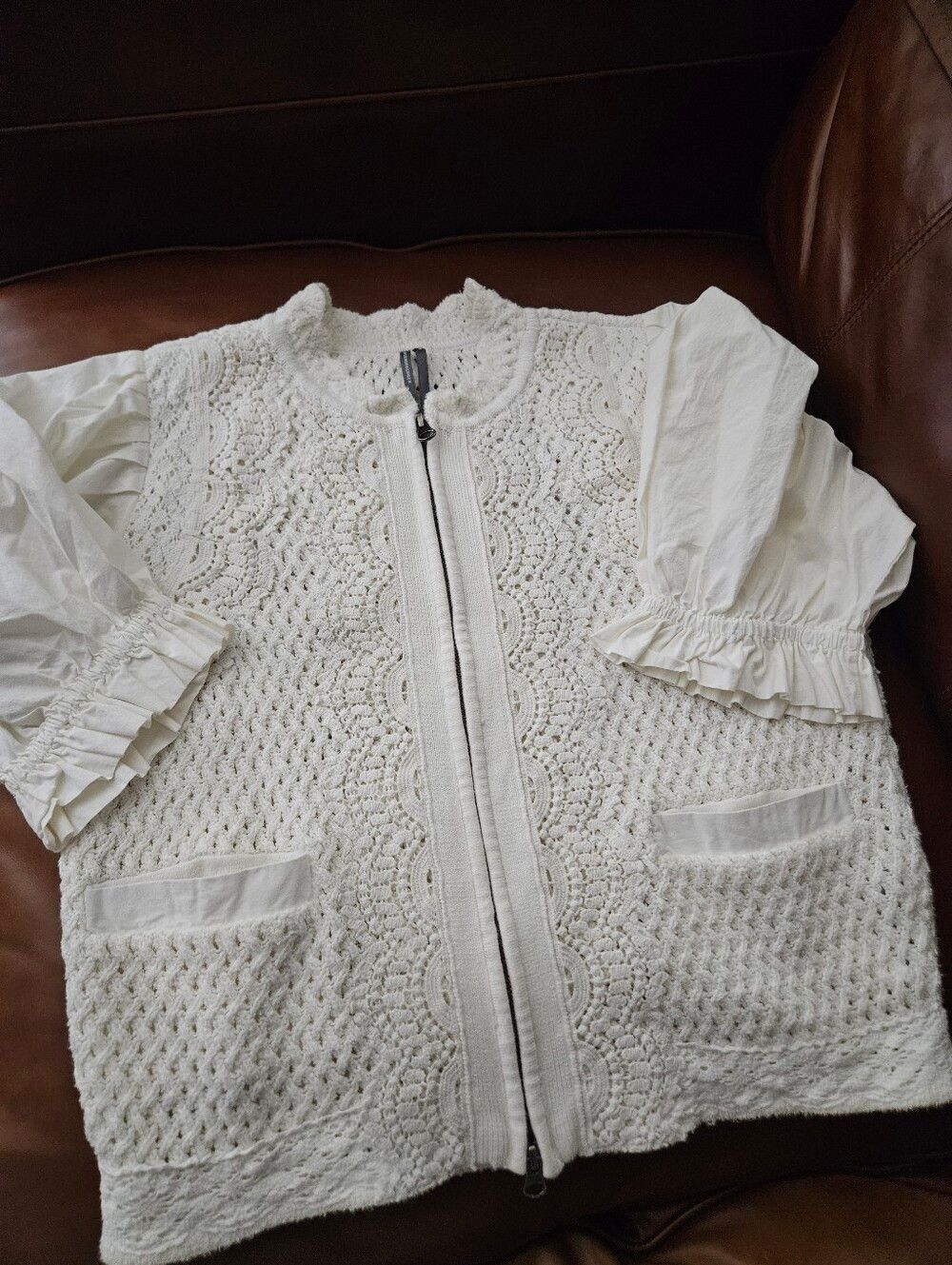Anthropologie Crochet Zip-Front Puff Sleeve Top Medium - Picture 3 of 7